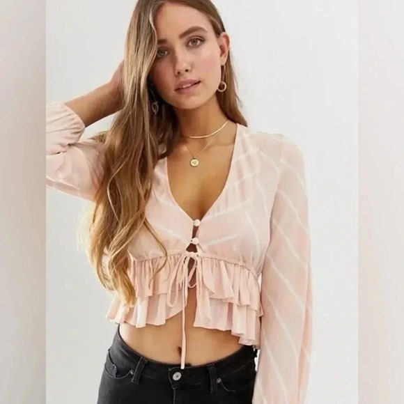 Free People Tops - Free People Samifran Long Sleeve Petal Combo Peach Ruffle Top Women Size L